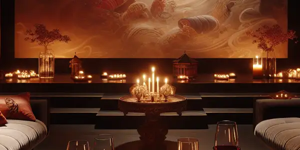 Glamorous private screening room with plush velvet sofa, abstract screen, candles, and elegant Japanese accents.