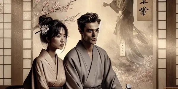 A dimly lit room with a male and female character in a moment of tension, blending Japanese aesthetics and intrigue.