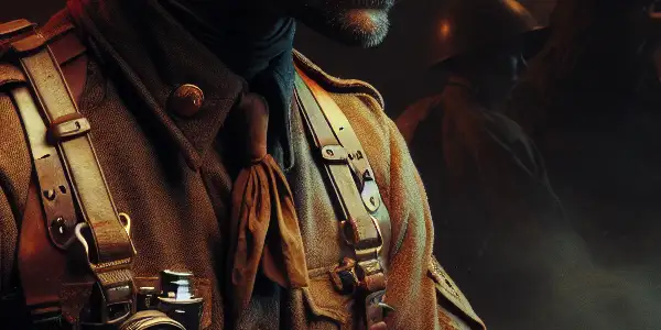 A rugged reconnaissance soldier in vintage military gear, set against a war-torn backdrop, exudes tension and allure.