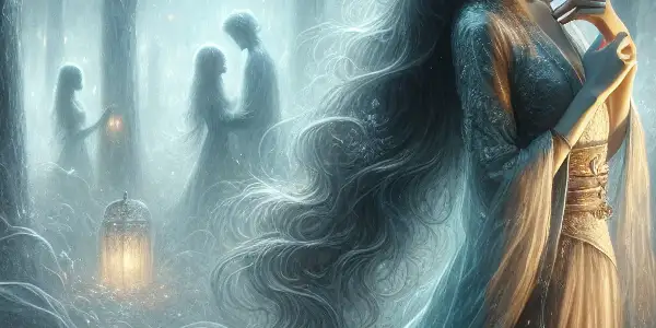 A ghostly woman in a moonlit forest, surrounded by glowing lanterns, evokes romance and mystery.