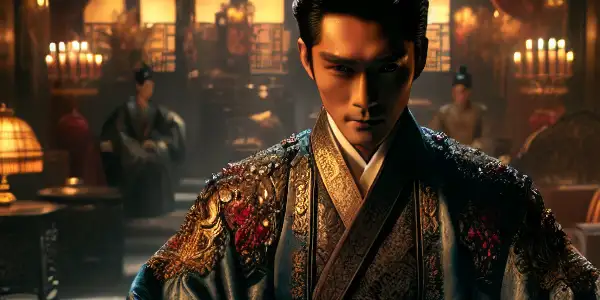 A male actor in traditional Chinese attire, set in a lavish palace, evokes passion and tension.