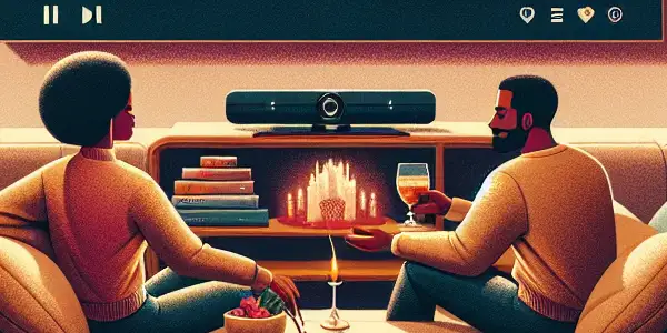 A cozy living room with a couple watching an abstract romantic film on a large screen, surrounded by intimate decor.