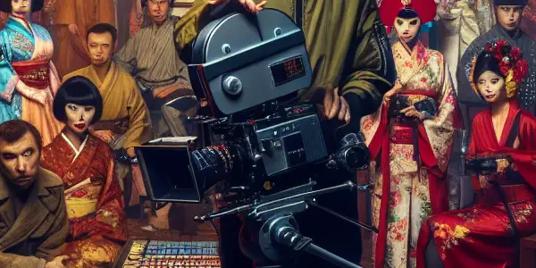 A vibrant 1990s film set blending Russian and Japanese aesthetics with actors, crew, and a large screen displaying erotica.