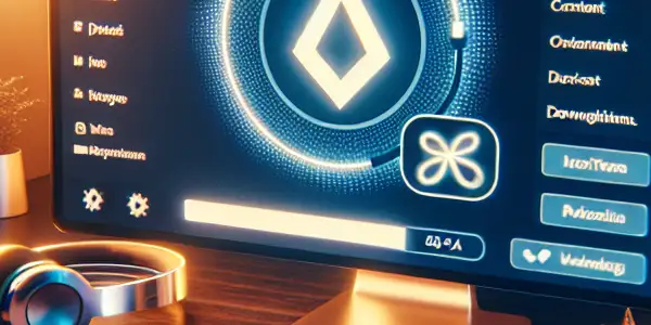 A cozy digital workspace featuring a sleek computer desk, download progress, and a VPN icon for privacy.