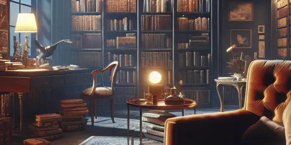 A cozy library filled with books on adult literature, featuring warm lighting and a plush armchair.