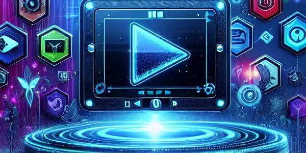 A vibrant digital landscape featuring a sleek video player surrounded by colorful streaming content icons for adult films.