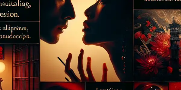 A dramatic scene of emotional exchange between characters in a dimly lit room, highlighting desire and vulnerability.