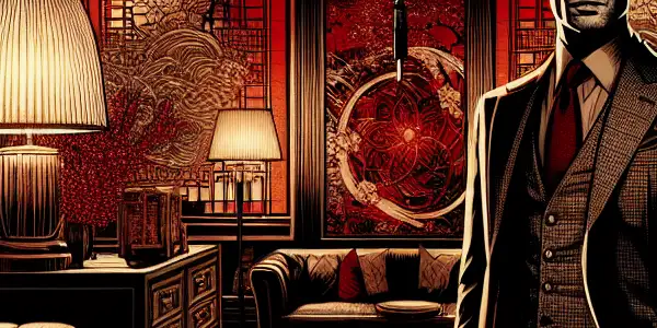 A charismatic male lead in an elegant, dimly lit room, surrounded by cinematic elements and Asian cultural motifs.