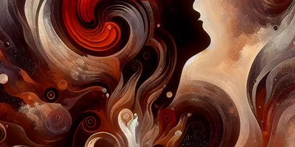 An abstract representation blending chemistry and sensuality, symbolizing passion through iron oxide and intimate human forms.