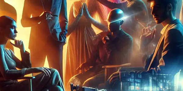 A vibrant film set showcasing diverse characters in passionate interactions, blending technology and modern erotic cinema.