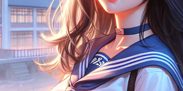 A young woman in a Japanese sailor uniform surrounded by cherry blossoms in a dreamy school setting.