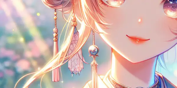 A cute character in a stylish outfit surrounded by a whimsical cherry blossom garden, exuding innocence and charm.