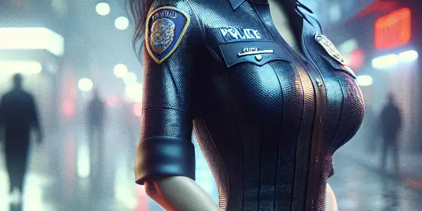 A confident female police officer stands in a bustling urban street at dusk, embodying power and allure.