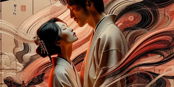 A tender embrace between a couple in a softly lit room, surrounded by symbols of love and desire.