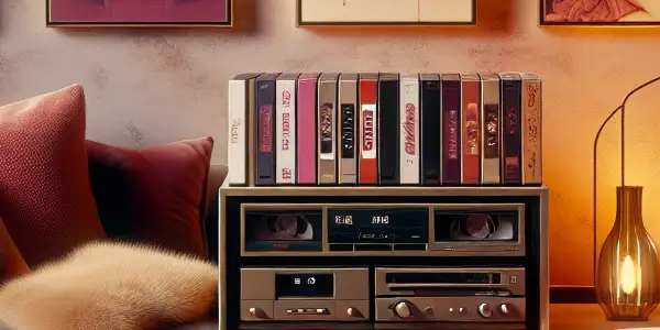 A cozy, dimly lit room with a plush sofa, vintage VHS player, and abstract sensual imagery on a large screen.