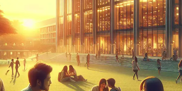 A vibrant university campus at sunset, featuring diverse students engaged in study and casual interactions, with romantic undertones.
