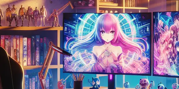 A vibrant gaming room featuring dual monitors with an anime-inspired erotic game and alluring characters in dynamic poses.