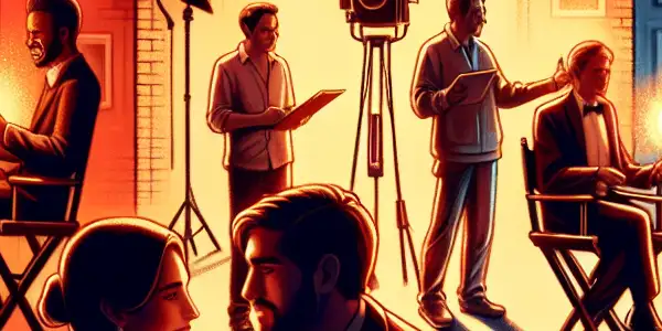 A cinematic illustration depicting three emotional connotations: passion, exploration, and brutality, within a film set context.