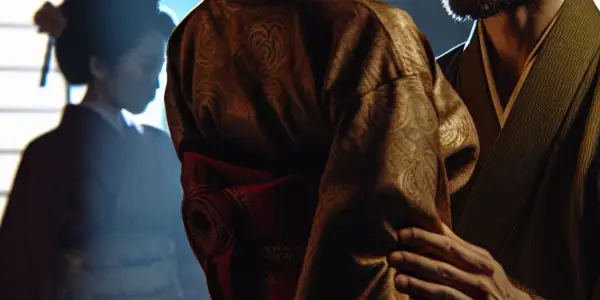 A dramatic scene of role-playing between two characters in a dimly lit room, highlighting themes of eroticism and tension.