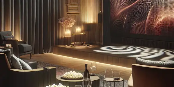 A luxurious home theater setting with plush seating, dim lighting, and a large screen displaying abstract cinematic imagery.