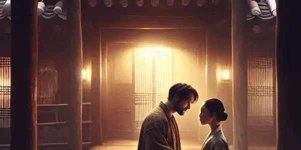 A man and woman share an intimate moment under the eaves of a traditional Korean house, surrounded by soft, moody lighting.