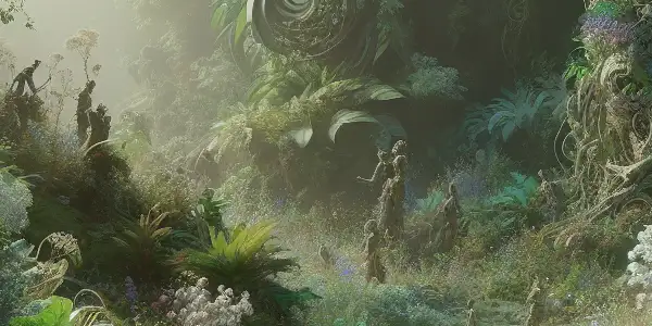 A lush forest scene featuring sensual figures intertwined with exotic plants, evoking nature and allure.