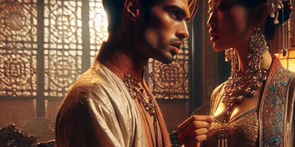 A passionate exchange between two elegantly dressed characters in an opulent imperial palace setting.