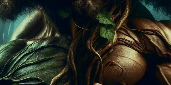 A muscular wildman in a misty forest, embodying fear and desire amidst shadows and eerie surroundings.