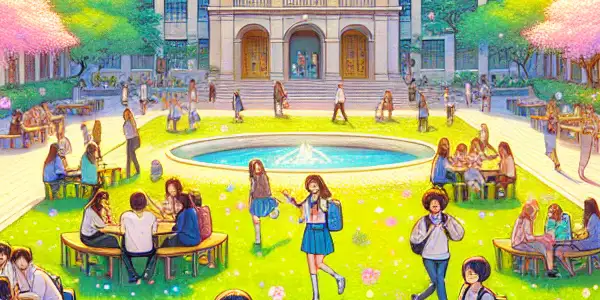 A vibrant university courtyard filled with diverse students in stylish uniforms, surrounded by cherry blossoms and playful activities.
