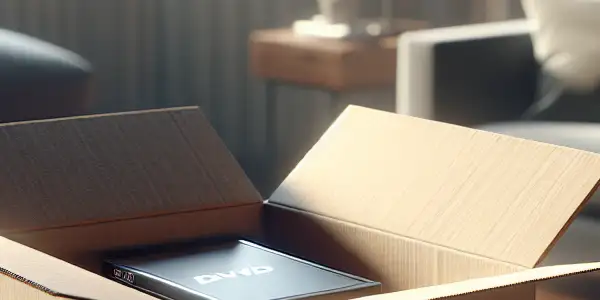 A discreet package for adult films on a wooden table in a cozy living room setting.