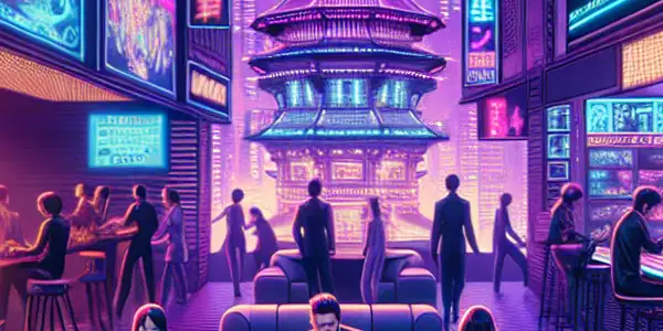 A vibrant futuristic Tokyo lounge filled with stylish characters discussing adult films amidst neon lights and advanced technology.