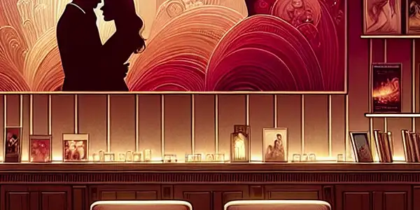 A cozy, dimly lit room for viewing adult films, featuring plush seating and abstract romantic imagery.