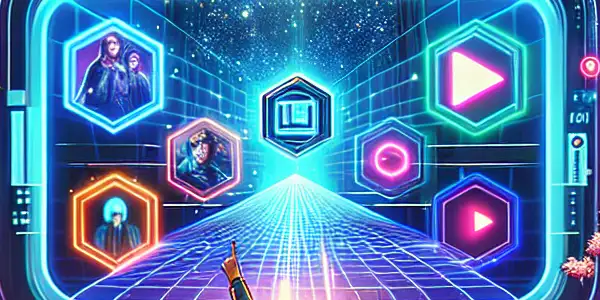 A modern digital interface showcasing a fictional adult video platform with vibrant buttons, classic film thumbnails, and a central character.