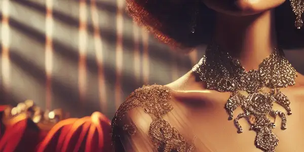 A glamorous woman in a vintage evening gown, set in a dimly lit, luxurious room, exuding allure and mystery.