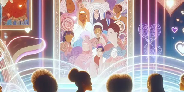 A cozy digital forum where diverse women engage in discussions about romantic themes and female empowerment.