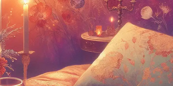 A cozy, dimly lit room with intertwined hands on a silk-covered bed, candles, wine, and flowers, evoking romance.