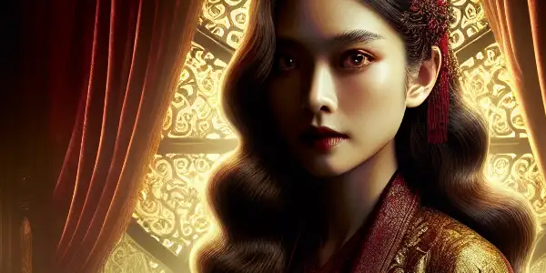 A captivating woman in a luxurious, dimly lit room embodies toxic femininity, surrounded by shadowy male figures.