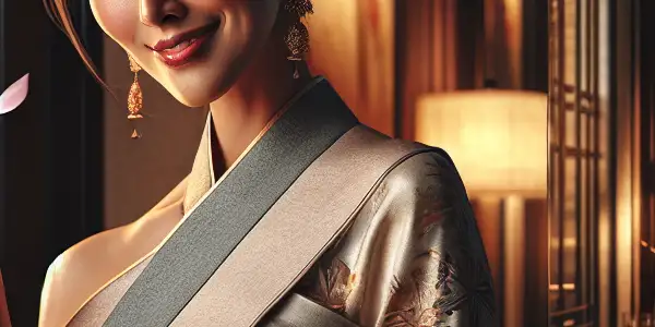 A confident mature woman in elegant attire, surrounded by luxurious decor and cherry blossom petals in an intimate room.