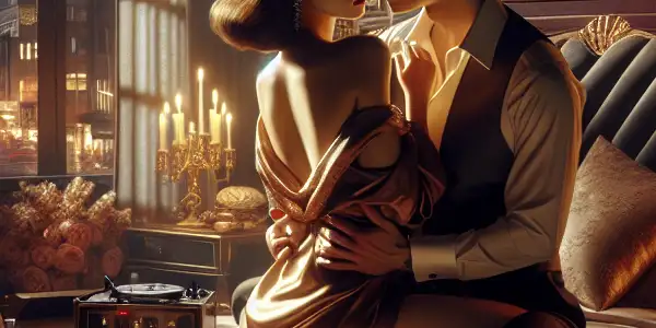 A luxurious bedroom scene featuring a couple in a passionate embrace, surrounded by elegant decor and ambient lighting.