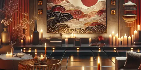 A luxurious living room blending European and Japanese aesthetics, featuring plush furniture, ambient lighting, and screens displaying adult films.