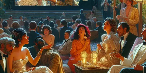 A vibrant outdoor film festival celebrating erotic cinema, featuring elegantly dressed attendees and a large screen displaying romantic scenes.