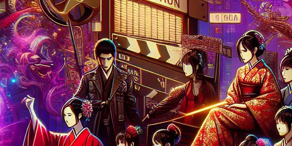 A vibrant digital landscape depicting Japanese adult film culture with floating genre tags and elegant character silhouettes.