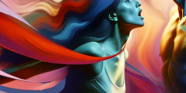 Two characters in an intimate setting, expressing strong emotional connection and passion amidst vibrant colors and dynamic movement.