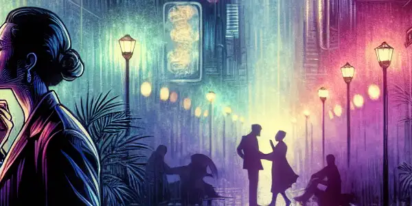 A passionate couple embraces in a dimly lit urban setting, surrounded by neon lights and hints of nightlife.