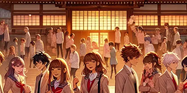 A lively Japanese high school courtyard at sunset, featuring diverse students in modern uniforms among blooming cherry blossoms.