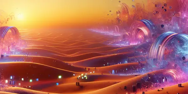 A vibrant digital desert landscape featuring glowing devices and silhouettes of iconic Japanese AV characters.