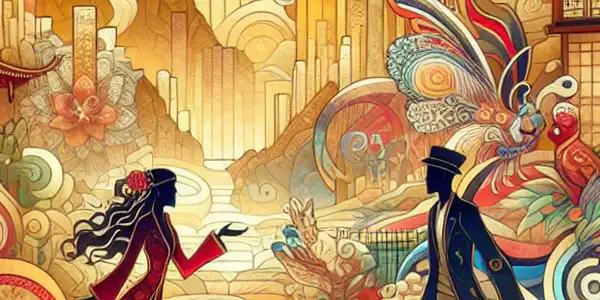 A playful couple in a flirtatious pose amidst vibrant, traditional Chinese patterns and a fantastical landscape.